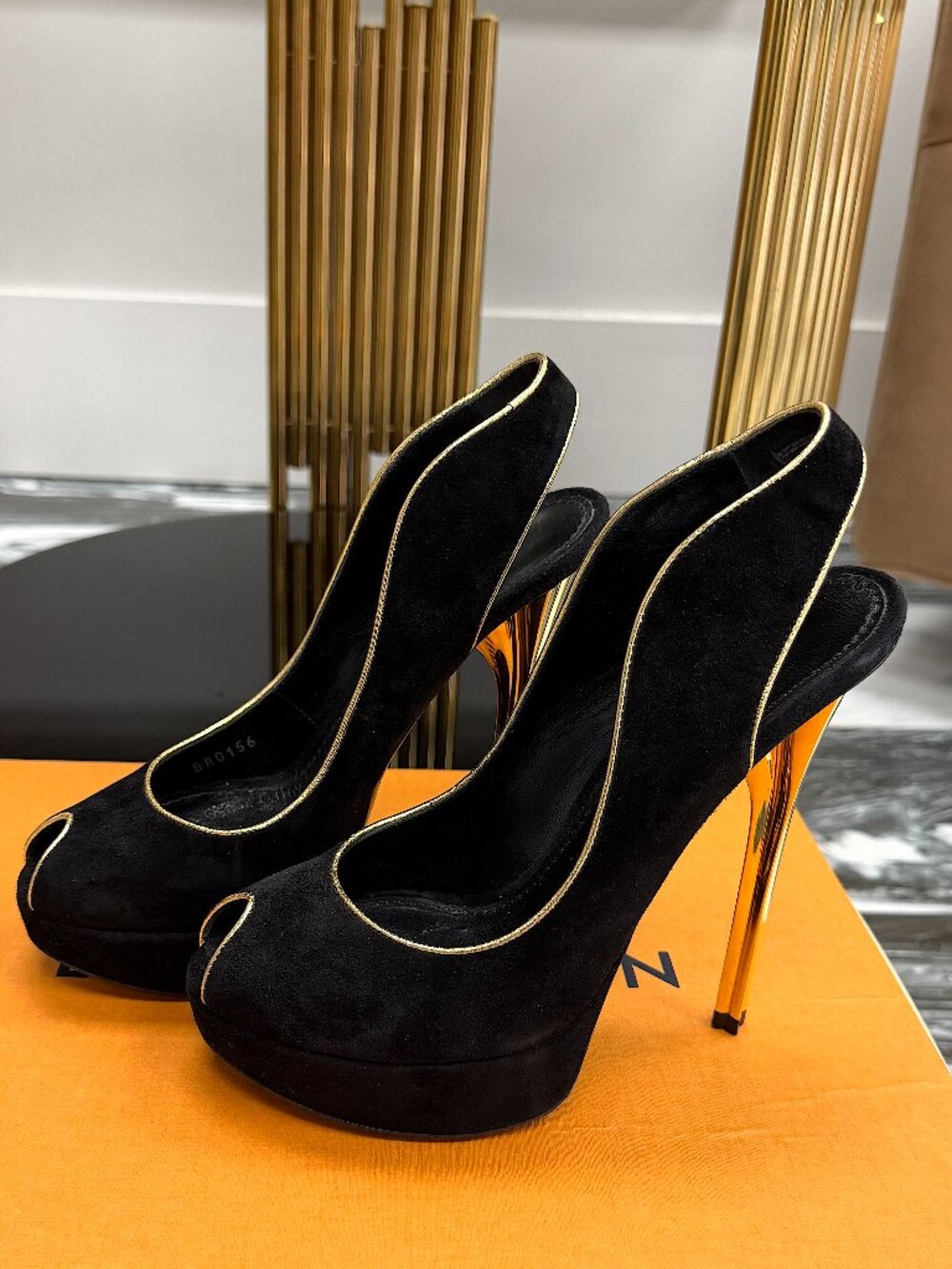Louis Vuitton Black Suede Platform Heels Gold Heel Peep Toe Pumps Size 37 - Picture 7 of 16